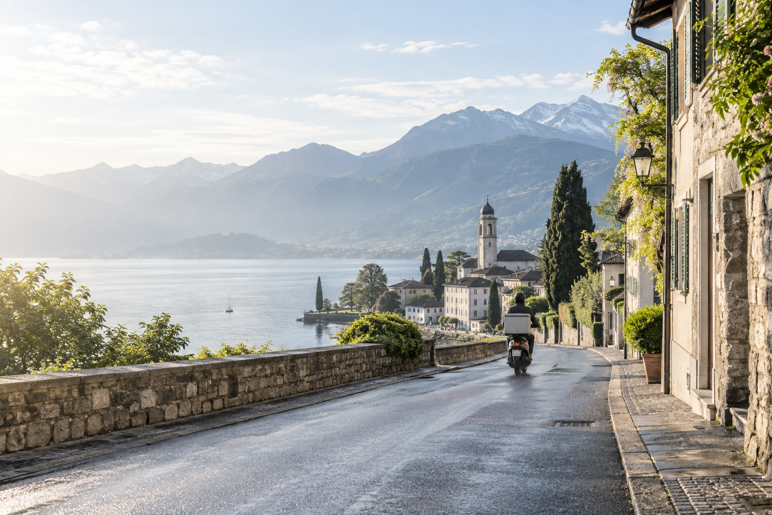 Delivery rider on a Swiss Alpine lakeside road