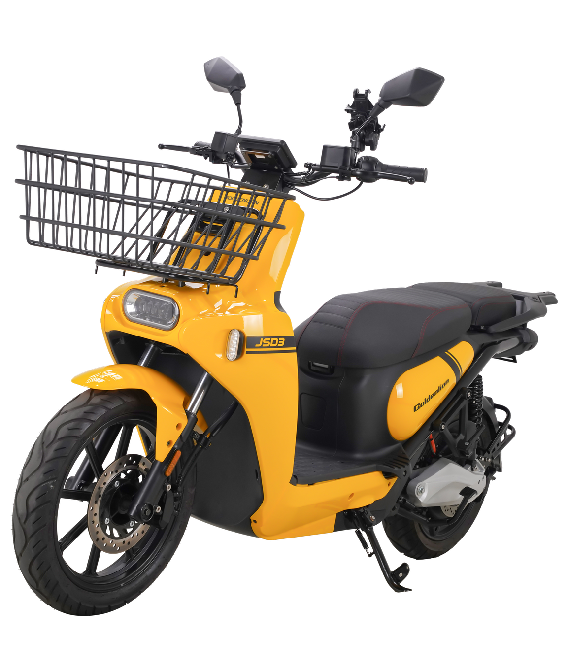 Yellow JSD3 electric delivery scooter in a dark studio