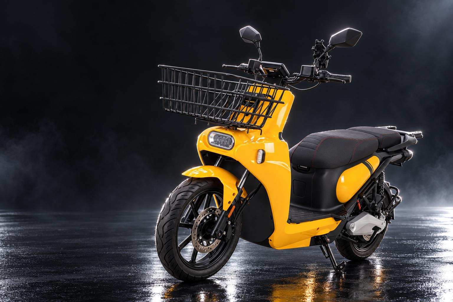 Scooter électrique de livraison JSD3 jaune dans un studio sombre