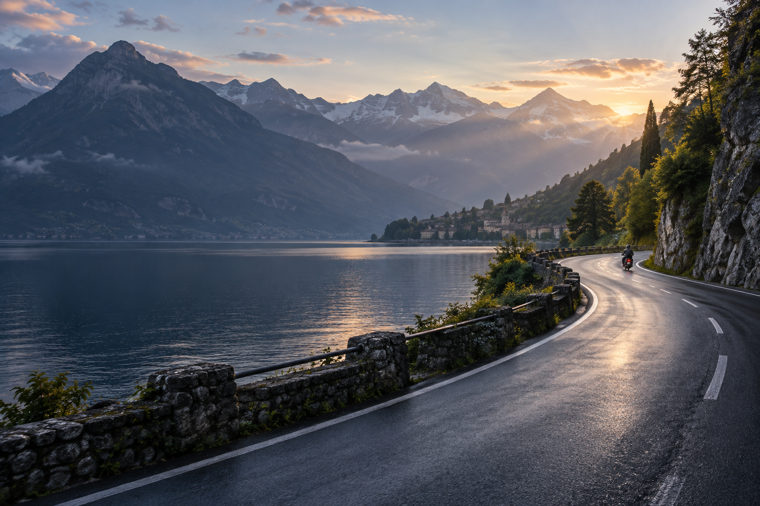 Swiss Alpine lake and mountain road