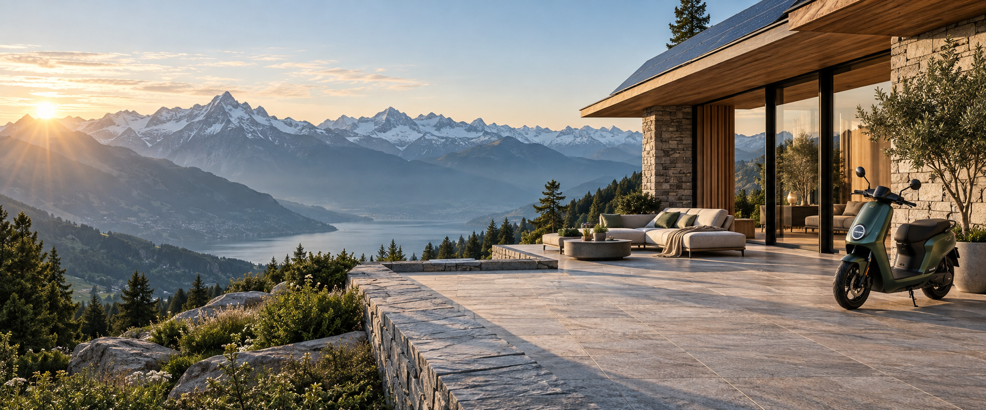 Swiss Alpine architecture and electric mobility at sunrise