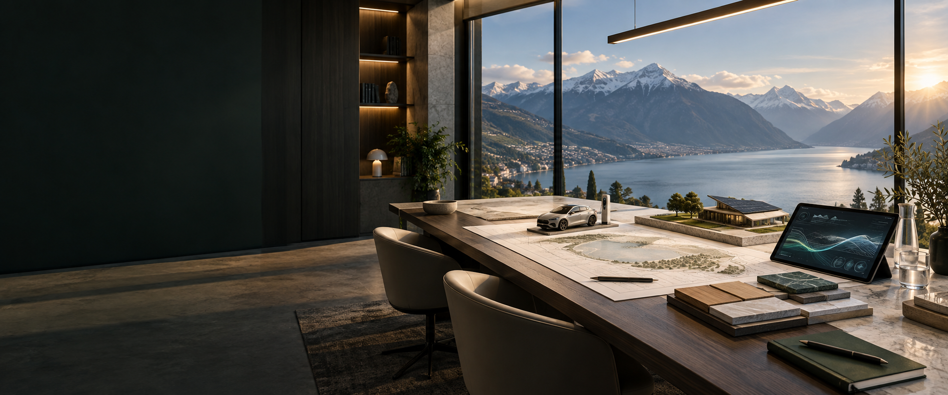 Studio suisse de conseil en projet face à un lac alpin